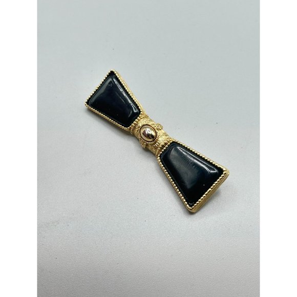 Vintage 1928 Brand Pin Brooch Victorian Black Black Bow Bar Pin Gold Tone Metal - Picture 3 of 5